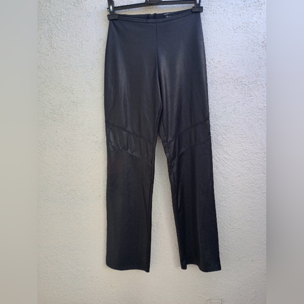Entrancy High Waisted Faux Leather Panel Straight Leg Pants Goth Black Medium